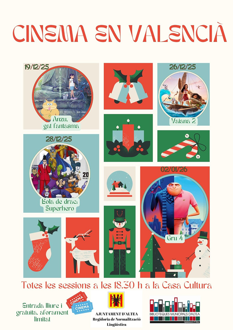 La regidoria de Normalització Lingüística et convida a gaudir del cinema en valencià durant estes festes de Nadal. Les sessions són a les 18.30 a la Casa de Cultura els dies 26 i 28 de desembre i el 2 de gener de 2026. No t’ho perdes!
