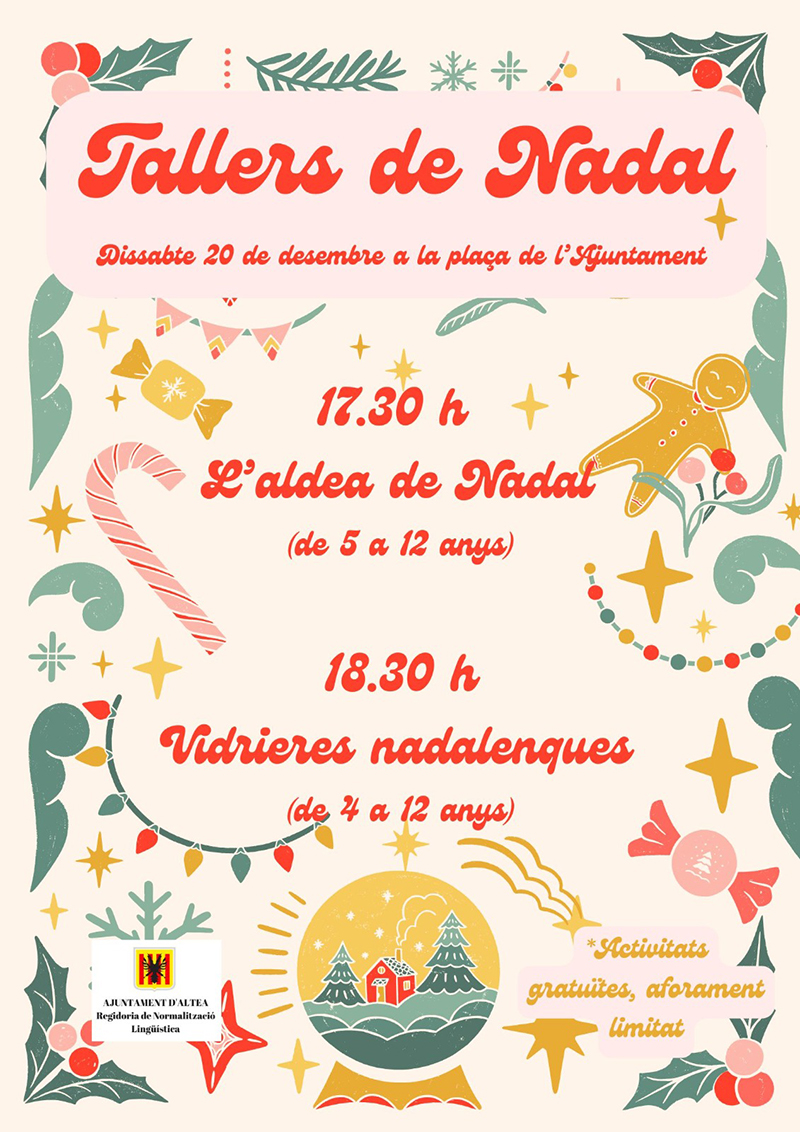 Dissabte que ve, 20 de desembre, la regidoria de Normalització Lingüística ha preparat uns tallers perquè pugues participar i gaudir de l’ambient nadalenc en la plaça de l’Ajuntament en horari de 17.30 18:30h. No te’ls perdes! Dissabte que ve, 20 de desembre, la regidoria de Normalització Lingüística ha preparat uns tallers perquè pugues participar i gaudir de l’ambient nadalenc en la plaça de l’Ajuntament en horari de 17.30 18:30h. No te’ls perdes!