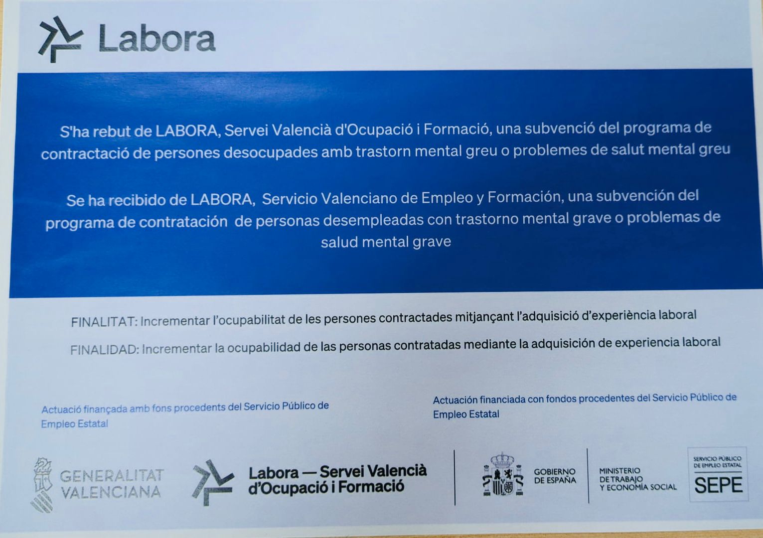 Altea incorpora noves contractacions gràcies a una subvenció de LABORA destinada a persones amb trastorn mental greu Altea incorpora noves contractacions gràcies a una subvenció de LABORA destinada a persones amb trastorn mental greu