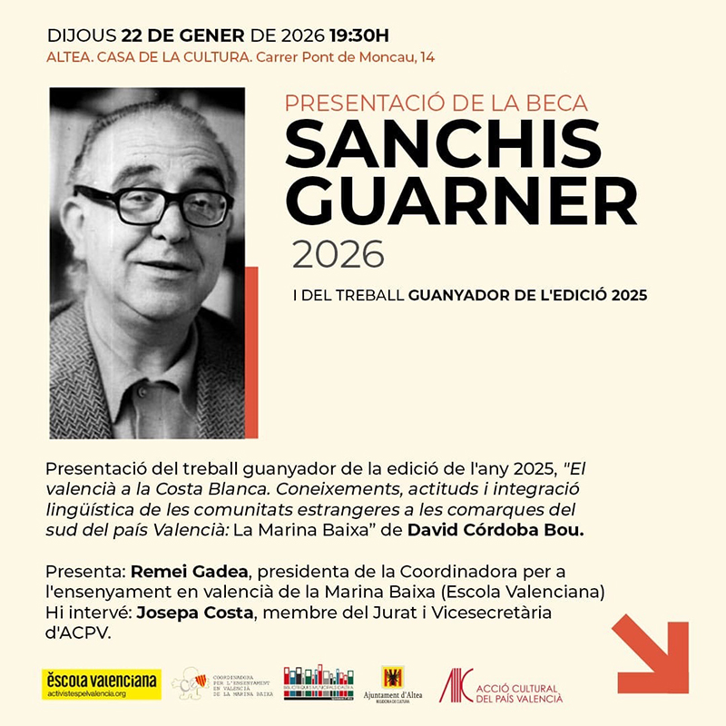 Si vols saber sobre la ‘Beca Sanchis Guarner’ i conéixer l’autor i obra guanyadora de l’edició 2025 no pots perdre’t la presentació que tindrà lloc el dijous 22 de gener, a les 19:30h a la Casa de Cultura.