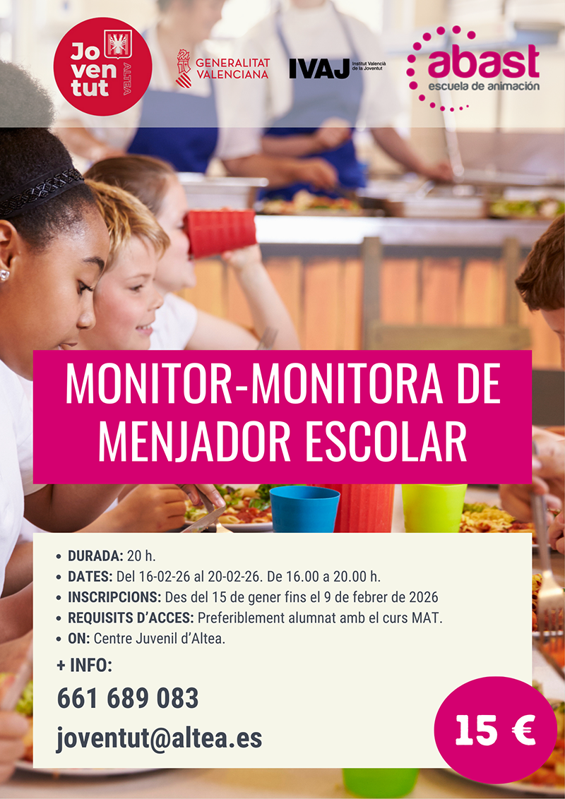 La Regidoria de Joventut d’Altea organitza un curs de monitor i monitora de menjador escolar